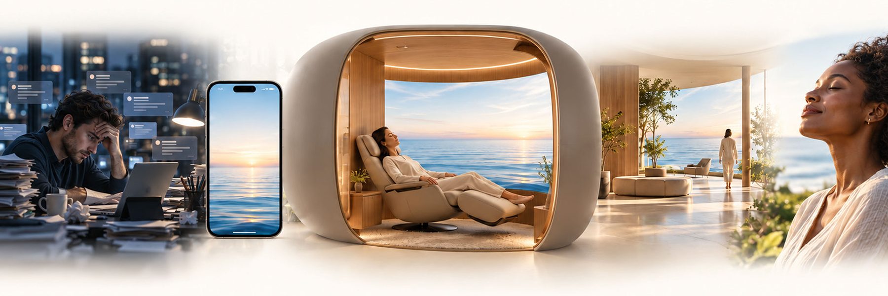 From an overloaded workday, to a calming moment on a phone, to a RESET pod by the ocean, to a person at ease.